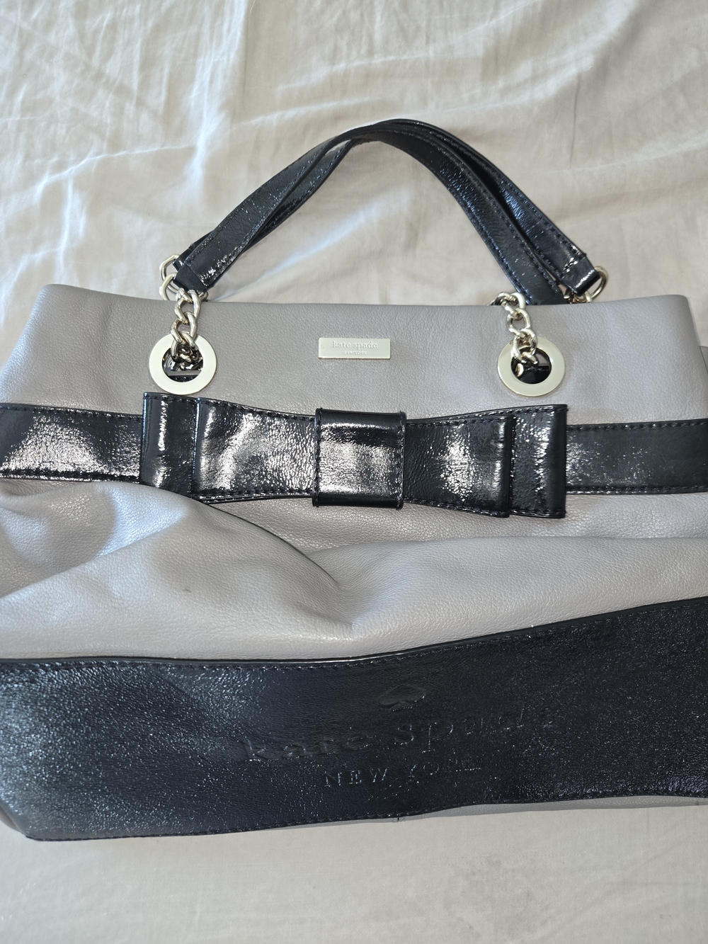 kate spade Gray and Black Satchel with Patent Bow Accent